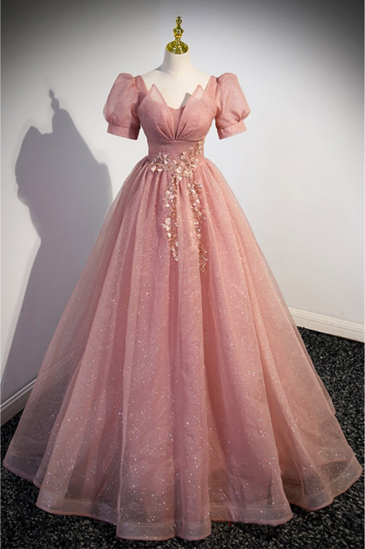 Pink A-Line Ball Gown Bling Tulle Long Prom Dress with Short Sleeves MD7302