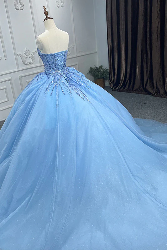 Shiny Ball Gown Blue Tulle A-Line Long Party Prom Dresses Evening Dress  MD7239