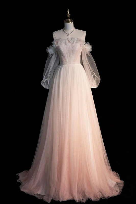 Light Pink Off Shoulder A-Line Tulle Long Formal Prom Dress Birthday Dress MD7526