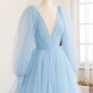 Light Blue Long Sleeves V Neck Long Formal Dress A-Line Evening Dress MD7207