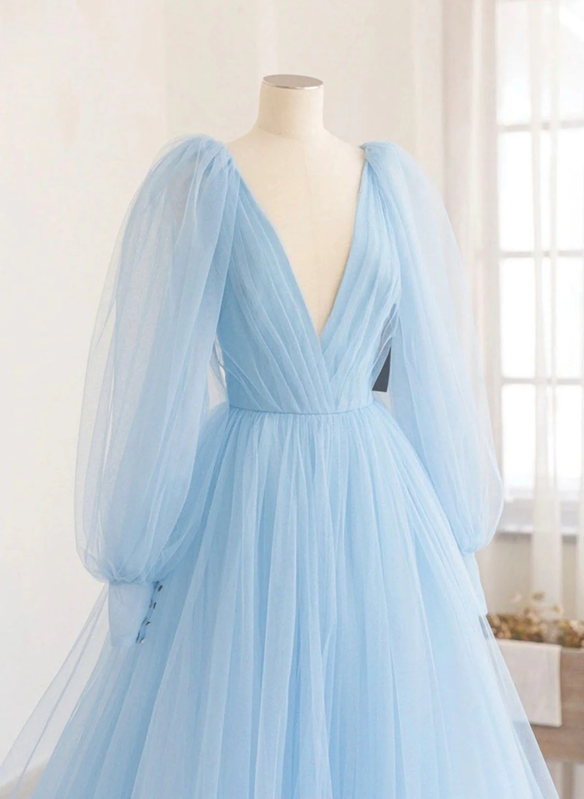 Light Blue Long Sleeves V Neck Long Formal Dress A-Line Evening Dress MD7207