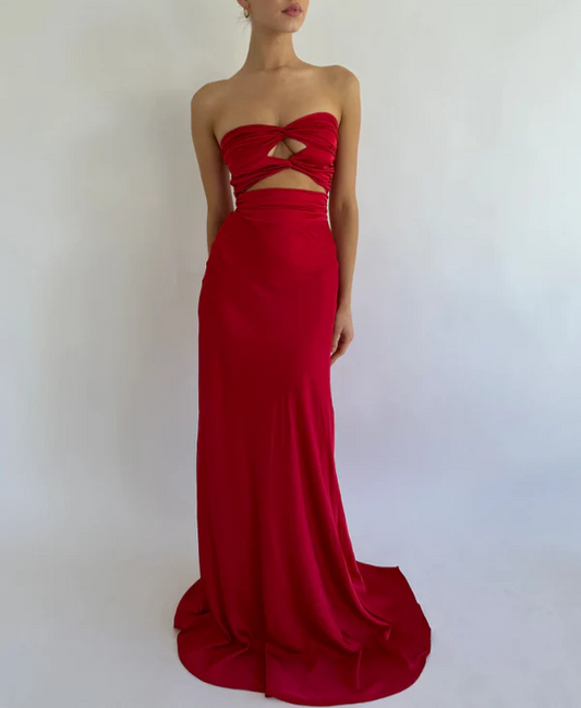 Simple Red Strapless Sheath Satin Long Prom Dress Evening Party Dress MD7592