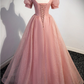 Pink A-Line Ball Gown Bling Tulle Long Prom Dress with Short Sleeves MD7302