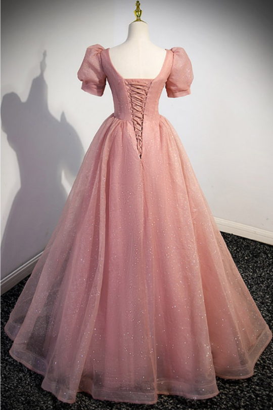 Pink A-Line Ball Gown Bling Tulle Long Prom Dress with Short Sleeves MD7302