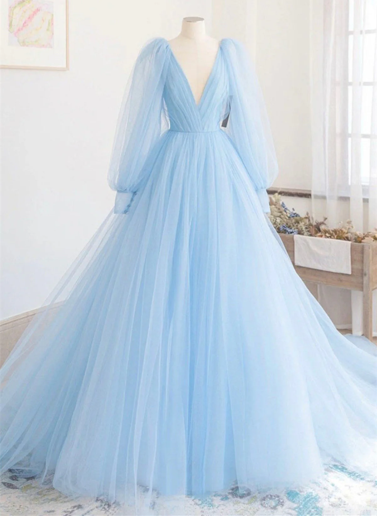 Light Blue Long Sleeves V Neck Long Formal Dress A-Line Evening Dress MD7207