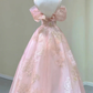 Pink Off Shoulder A-Line Midi Prom Dress Elegant Party Dress MD7212