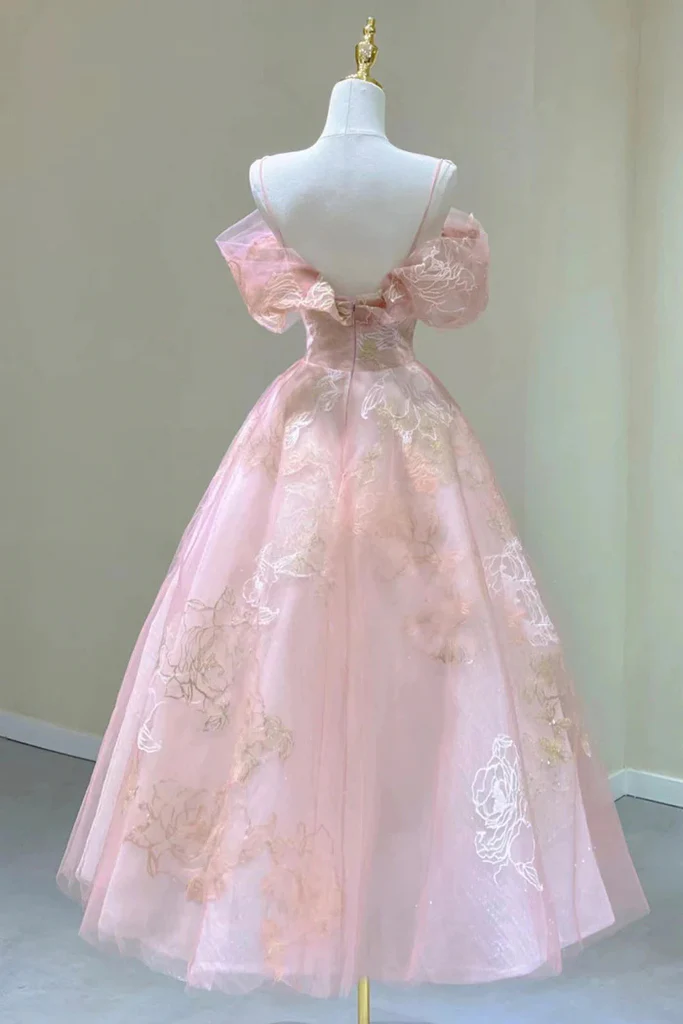 Pink Off Shoulder A-Line Midi Prom Dress Elegant Party Dress MD7212