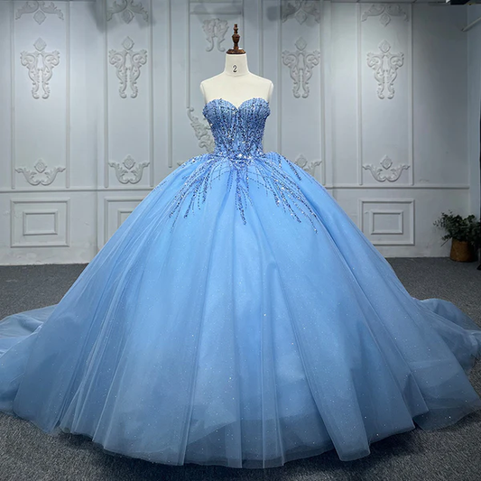 Shiny Ball Gown Blue Tulle A-Line Long Party Prom Dresses Evening Dress  MD7239