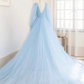 Light Blue Long Sleeves V Neck Long Formal Dress A-Line Evening Dress MD7207