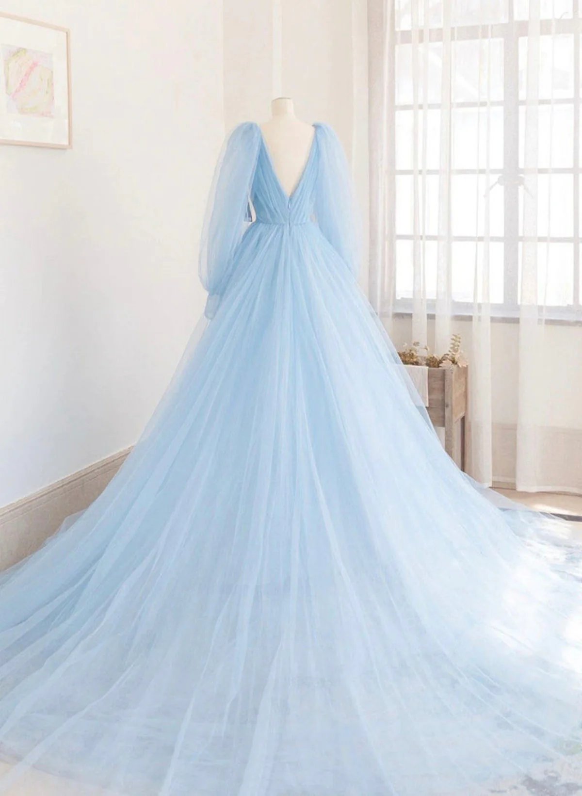 Light Blue Long Sleeves V Neck Long Formal Dress A-Line Evening Dress MD7207