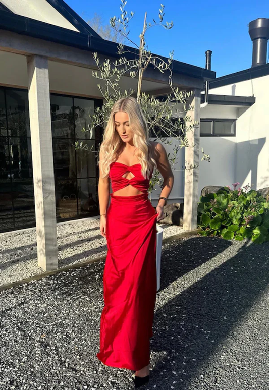 Simple Red Strapless Sheath Satin Long Prom Dress Evening Party Dress MD7592