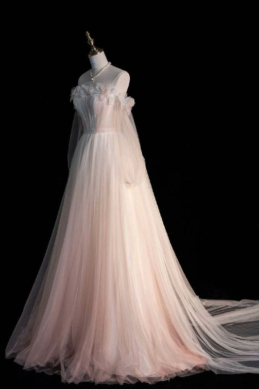 Light Pink Off Shoulder A-Line Tulle Long Formal Prom Dress Birthday Dress MD7526