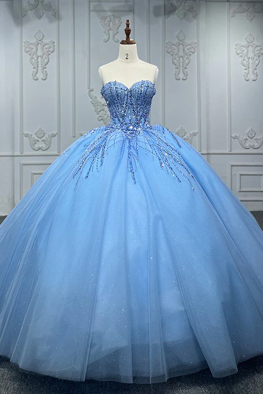 Shiny Ball Gown Blue Tulle A-Line Long Party Prom Dresses Evening Dress  MD7239