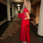 Sexy Red V Neck Lace Satin Long Evening Party Dress with Short Sleeves MD7825