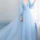 Light Blue Long Sleeves V Neck Long Formal Dress A-Line Evening Dress MD7207