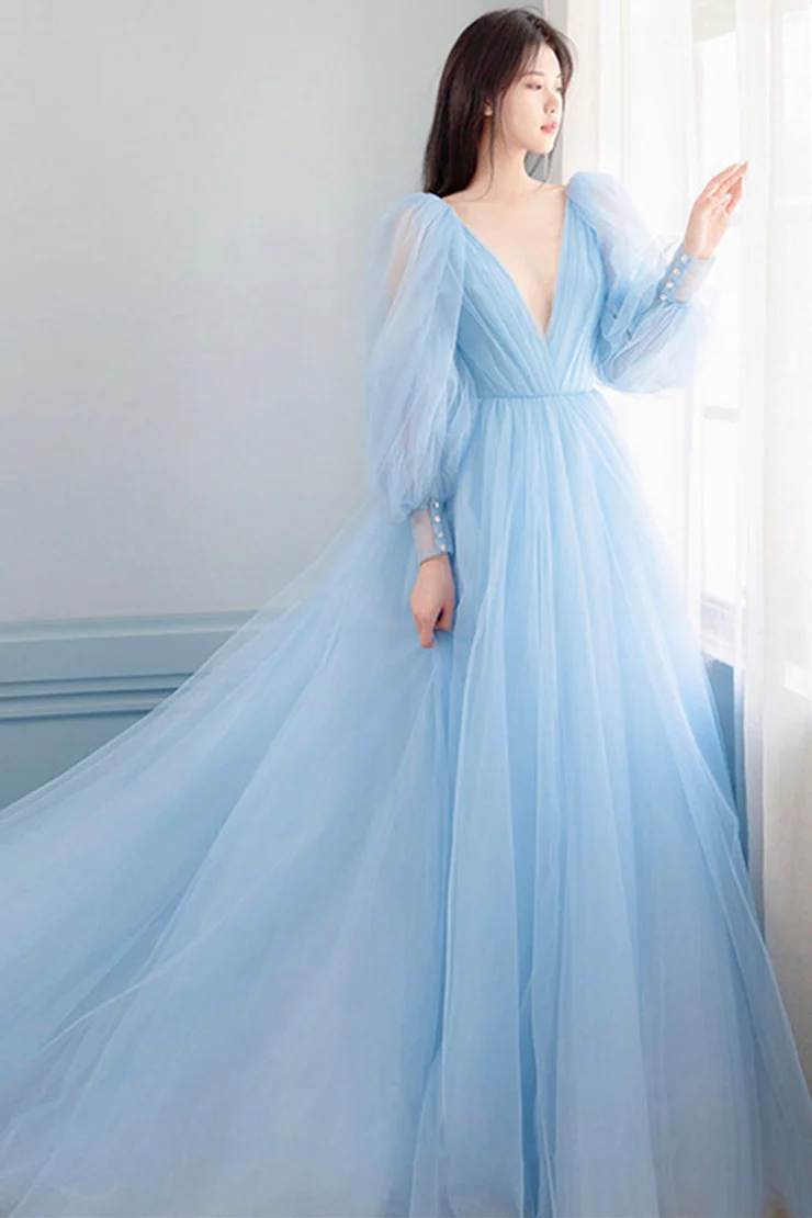 Light Blue Long Sleeves V Neck Long Formal Dress A-Line Evening Dress MD7207