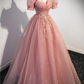 Pink A-Line Ball Gown Bling Tulle Long Prom Dress with Short Sleeves MD7302