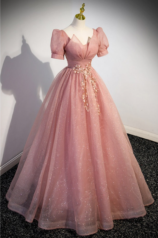 Pink A-Line Ball Gown Bling Tulle Long Prom Dress with Short Sleeves MD7302