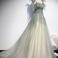 Gray Green Tulle A-Line Sequin Beads Long Prom Dress Evening Dress  MD7233