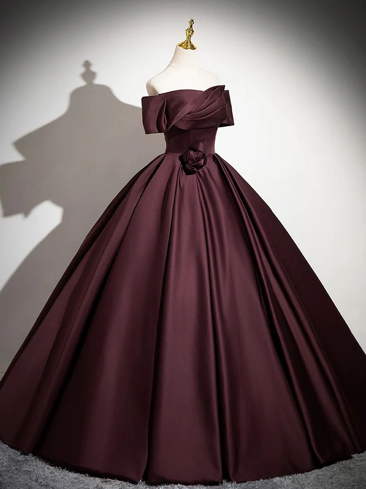 Dark Burgundy Satin Elegant A-Line Off Shoulder Evening Gown Formal Party Dress MD7178