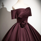 Dark Burgundy Satin Elegant A-Line Off Shoulder Evening Gown Formal Party Dress MD7178