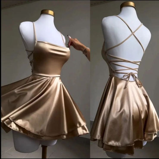 Lovely Gold Straps A-Line Satin Short Party Dress Homecoming Dress MD7467