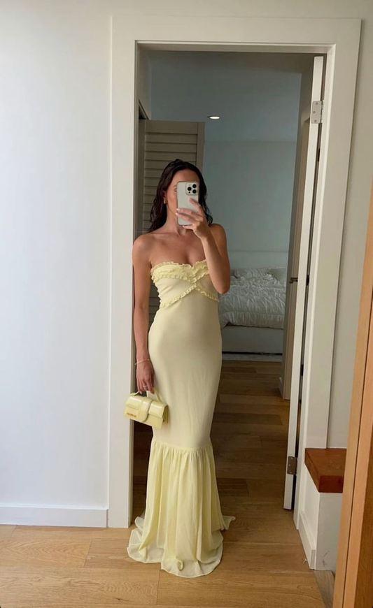 Light Yellow Strapless Chiffon Party Dress Wedding Guest Dress MD729