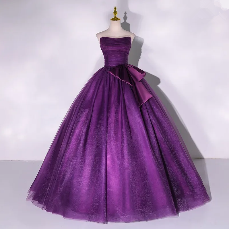 Purple Strapless A-Line Tulle Ball Gown Bowknot Formal Prom Dress MD7217