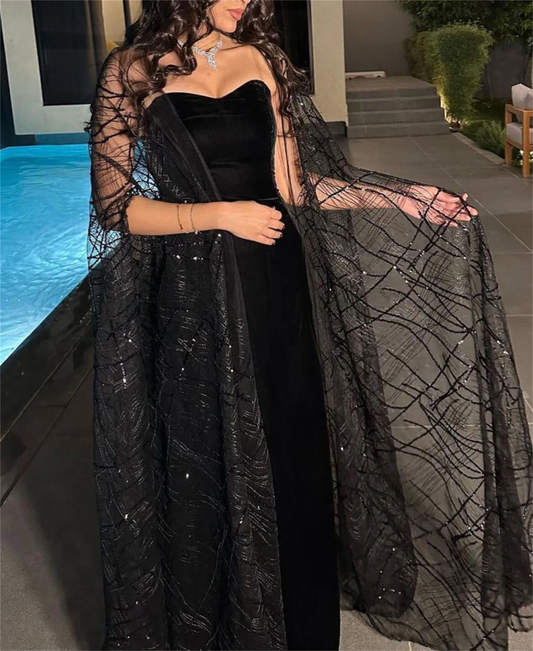 Modest Black Spaghetti Straps Sheath Long Formal Prom Gown with Shawl MD7600