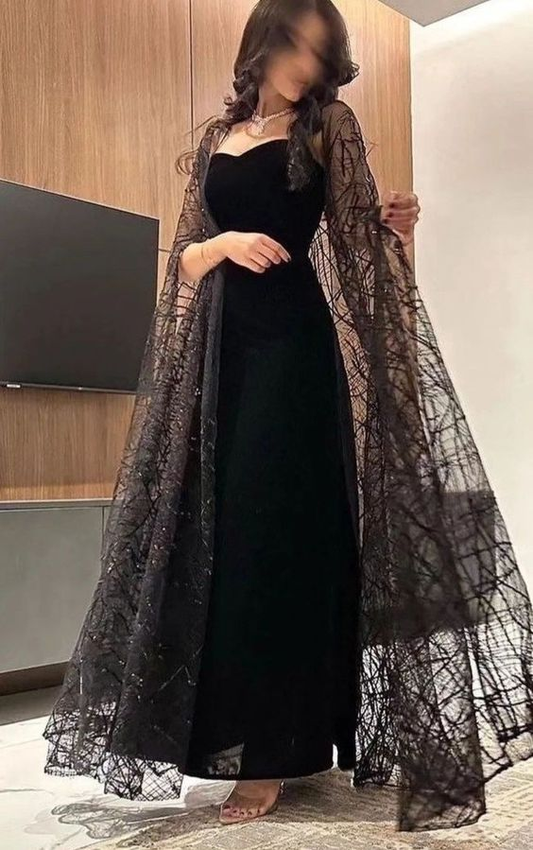 Modest Black Spaghetti Straps Sheath Long Formal Prom Gown with Shawl MD7600