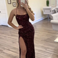 Burgundy Straps Sheath Sequins Shiny Long Party Dress with Slit MD7300