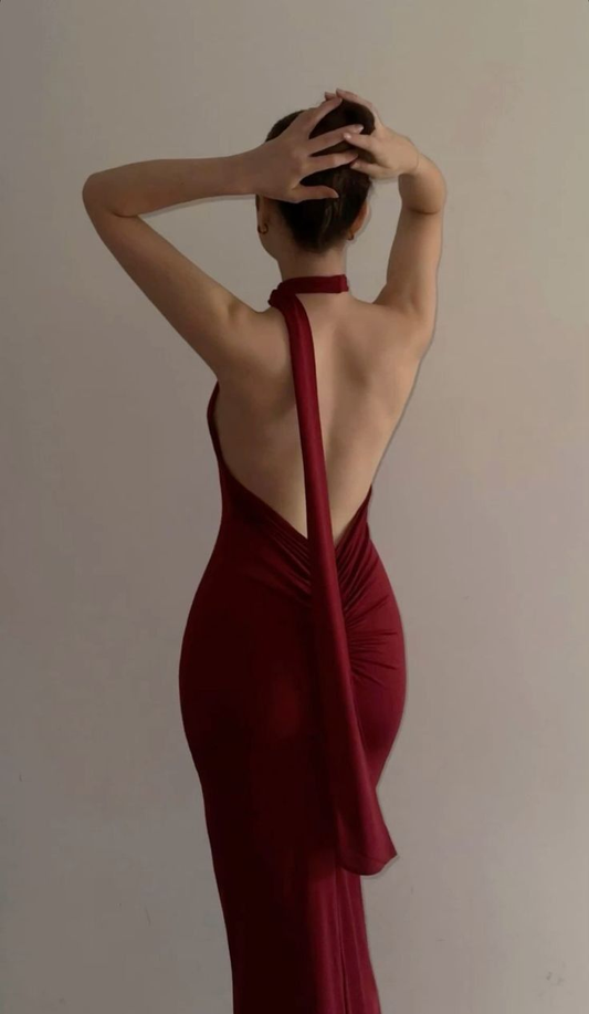 Wine Red Halter Backless Sexy Mermaid Long Evening Party Dress MD7601