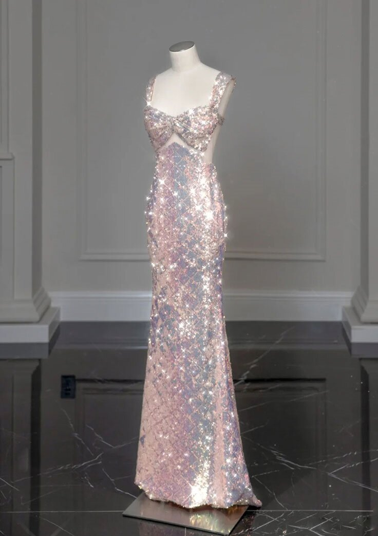 Shiny Pink Sequins Mermaid Long Prom Dress Birthday Gown MD7422