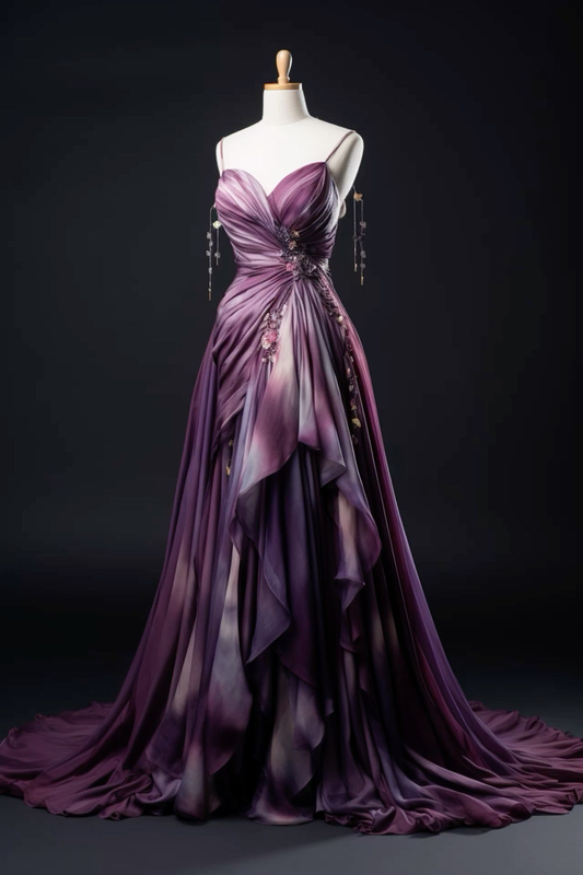 Purple Spaghetti Straps A-Line Long Prom Dress Ombre Evening Party Dress, D761