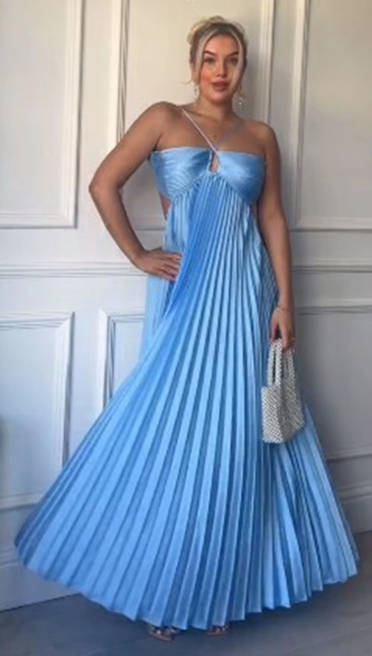 Blue Halter A-Line Open Back Pleated Satin Long Party Dress MD7318