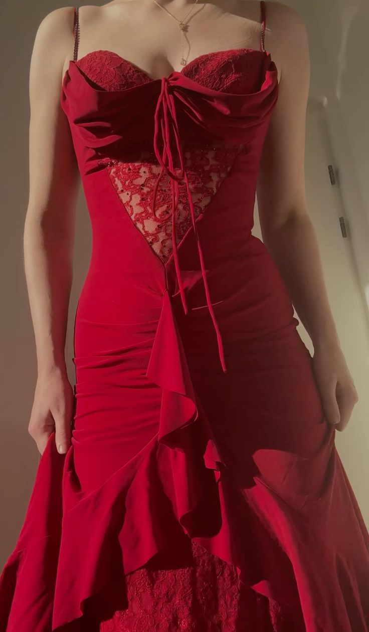 Red Spaghetti Straps Sheath Lace Long Prom Dress Evening Gown MD7845