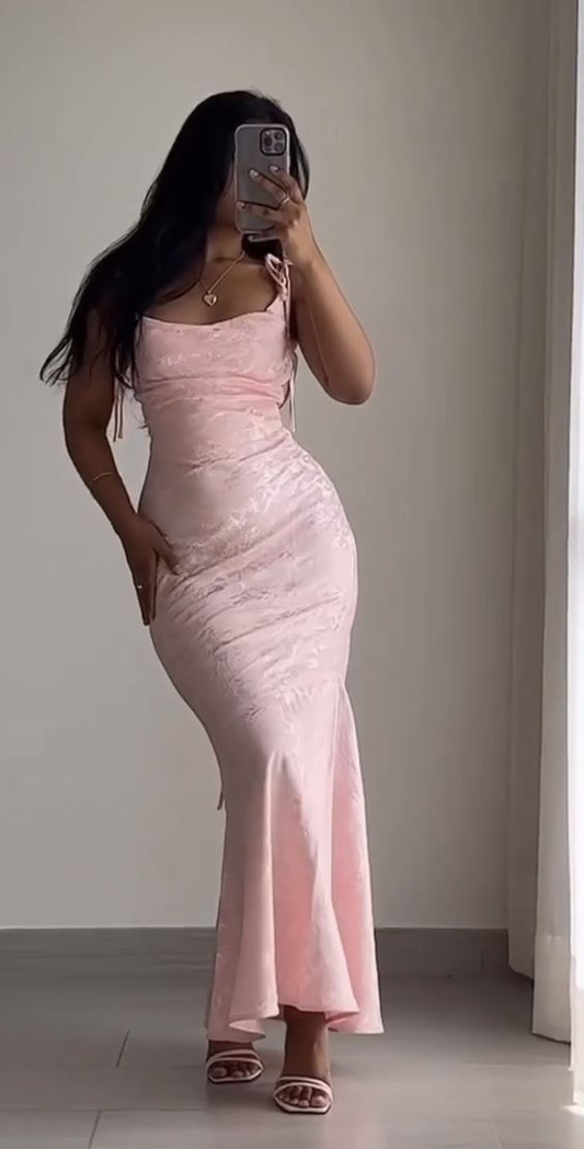 Elegant Pink Straps Mermaid Satin Long Formal Party Dress MD7320