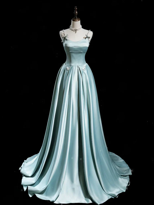 Light Blue Spaghetti Straps A-Line Satin Long Formal Party Dress MD7431