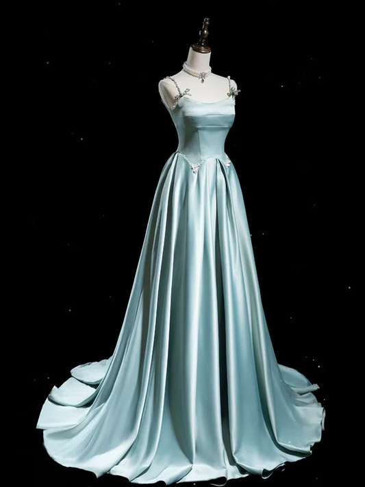 Light Blue Spaghetti Straps A-Line Satin Long Formal Party Dress MD7431