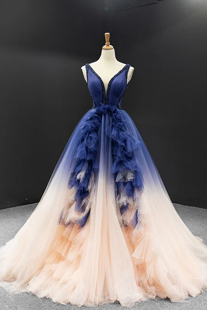 Gradient Blue V-Neck Ball Gown Prom Dress, Princess Quinceanera Dress MD7223