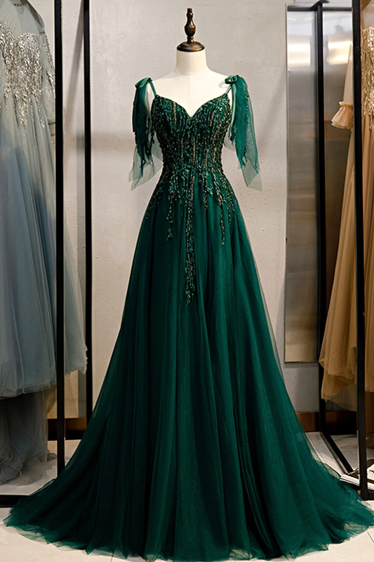 Green V-Neck Lace Long Prom Dress, A-Line Spaghetti Straps Evening Dress MD7254