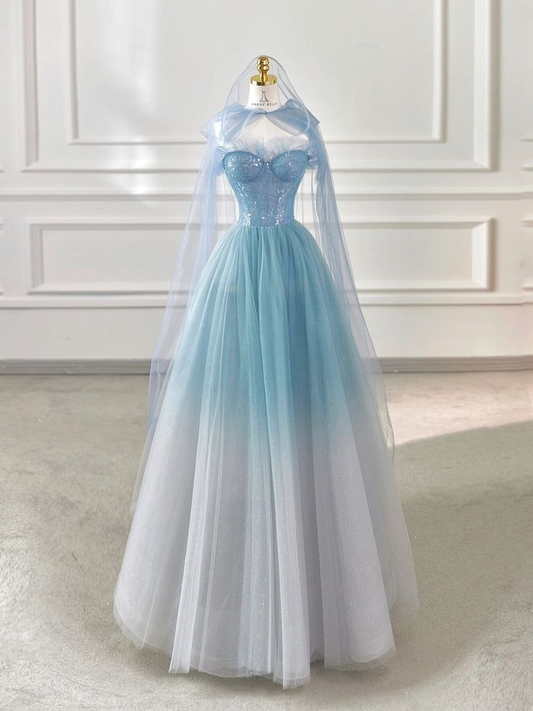 Light Blue Strapless A-Line Tulle Long Party Dress Birthday Outfits MD7482