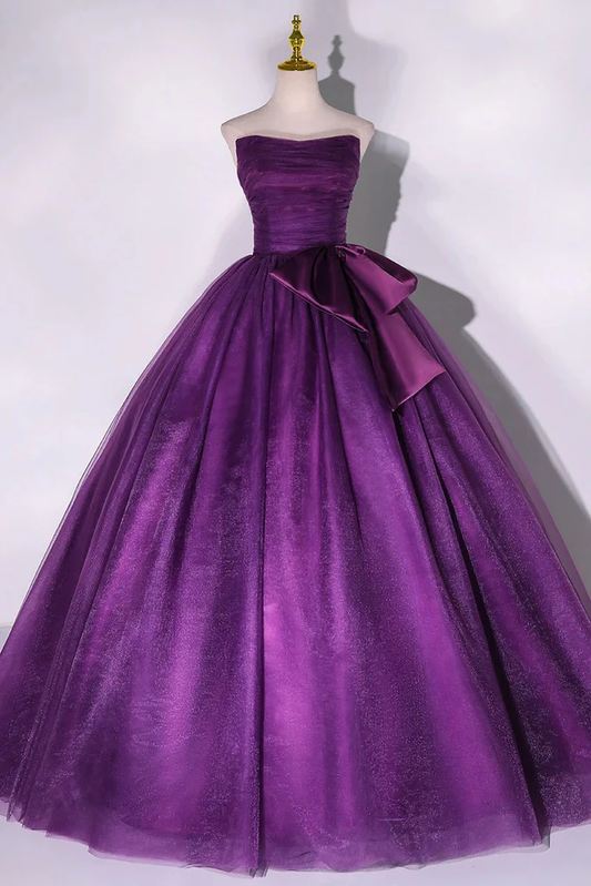 Purple Strapless A-Line Tulle Ball Gown Bowknot Formal Prom Dress MD7217