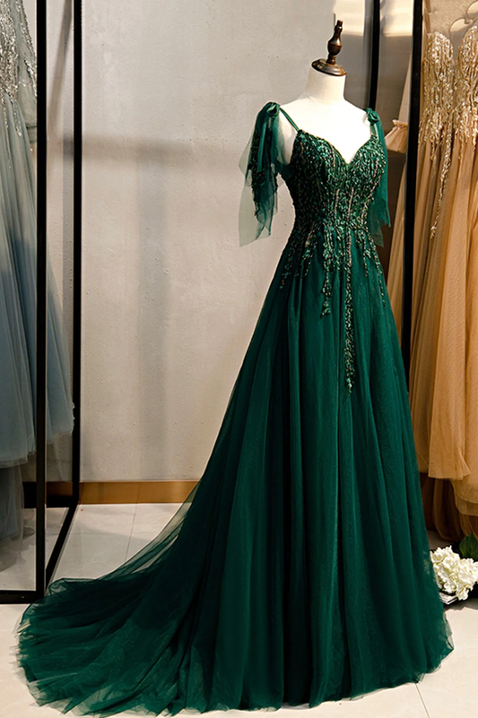 Green V-Neck Lace Long Prom Dress, A-Line Spaghetti Straps Evening Dress MD7254