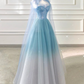 Light Blue Strapless A-Line Tulle Long Party Dress Birthday Outfits MD7482