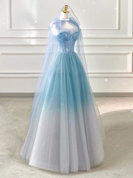 Light Blue Strapless A-Line Tulle Long Party Dress Birthday Outfits MD7482