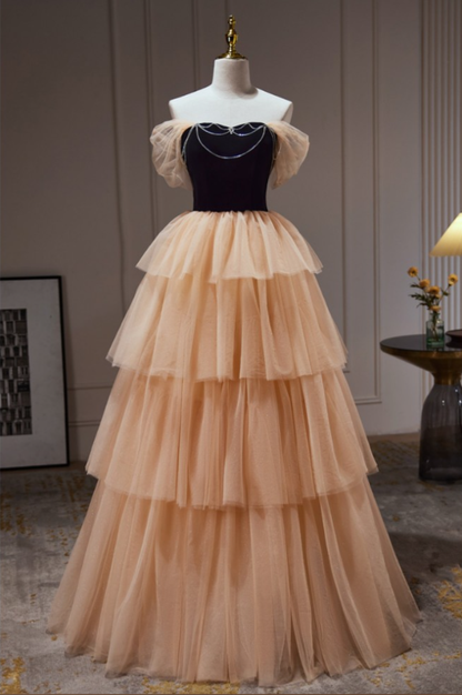 Elegant Off Shoulder Layered Tulle Ball Gown Long Prom Dress MD7303