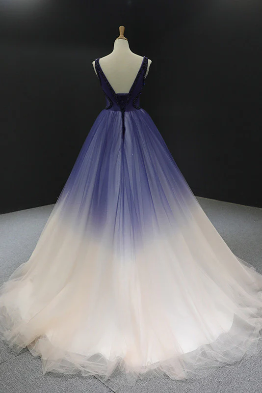 Gradient Blue V-Neck Ball Gown Prom Dress, Princess Quinceanera Dress MD7223