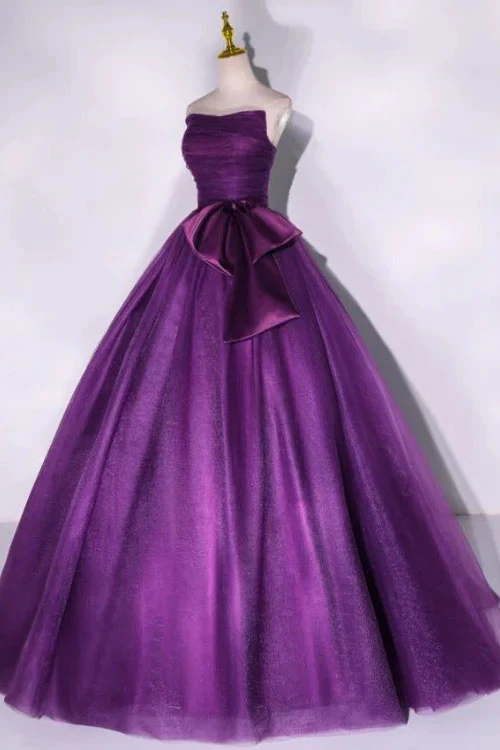 Purple Strapless A-Line Tulle Ball Gown Bowknot Formal Prom Dress MD7217