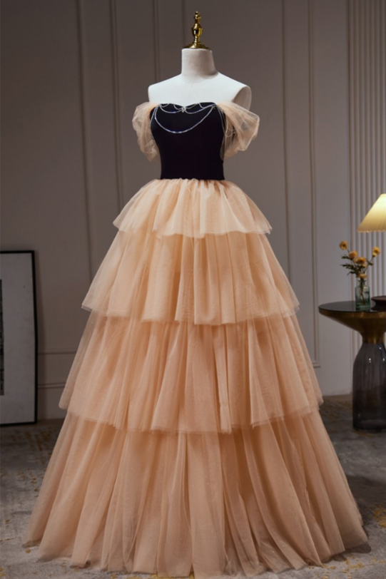 Elegant Off Shoulder Layered Tulle Ball Gown Long Prom Dress MD7303